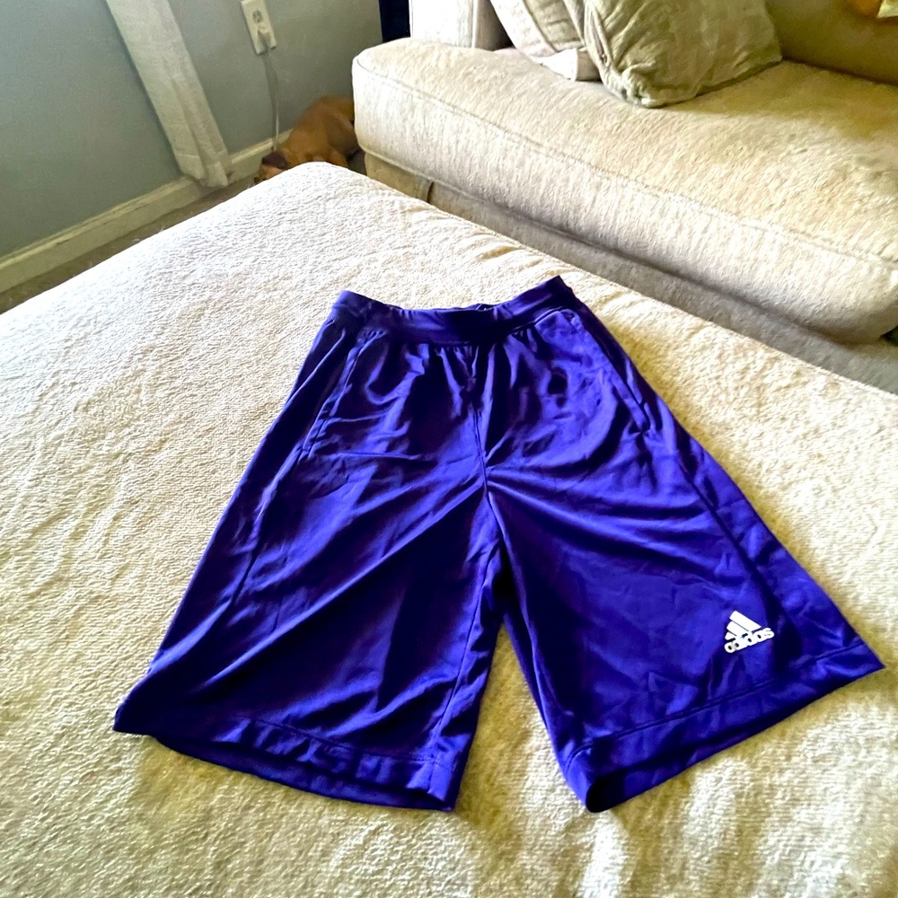 Purple adidas soccer team shorts with pockets, size Small